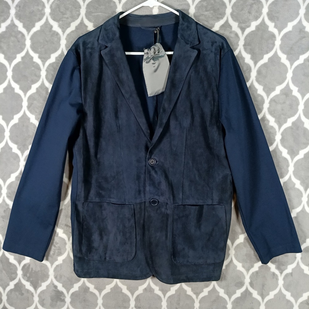 Gimos Italy Hybrid Blazer Men Large Navy Blue Leather Front Jacket Stretch Knit